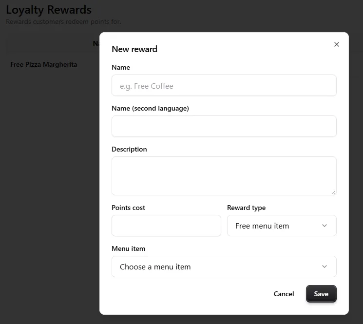 The new-reward form: name in two languages, points cost, reward type and the free menu item