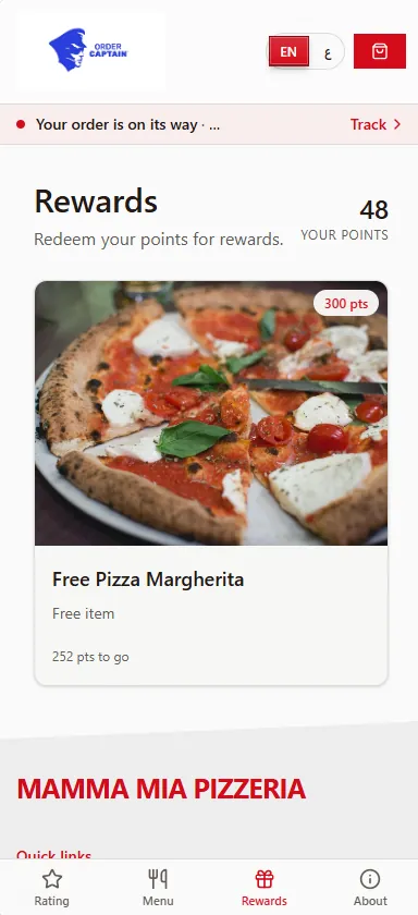 The guest's rewards page: 48 points, next reward a free Pizza Margherita